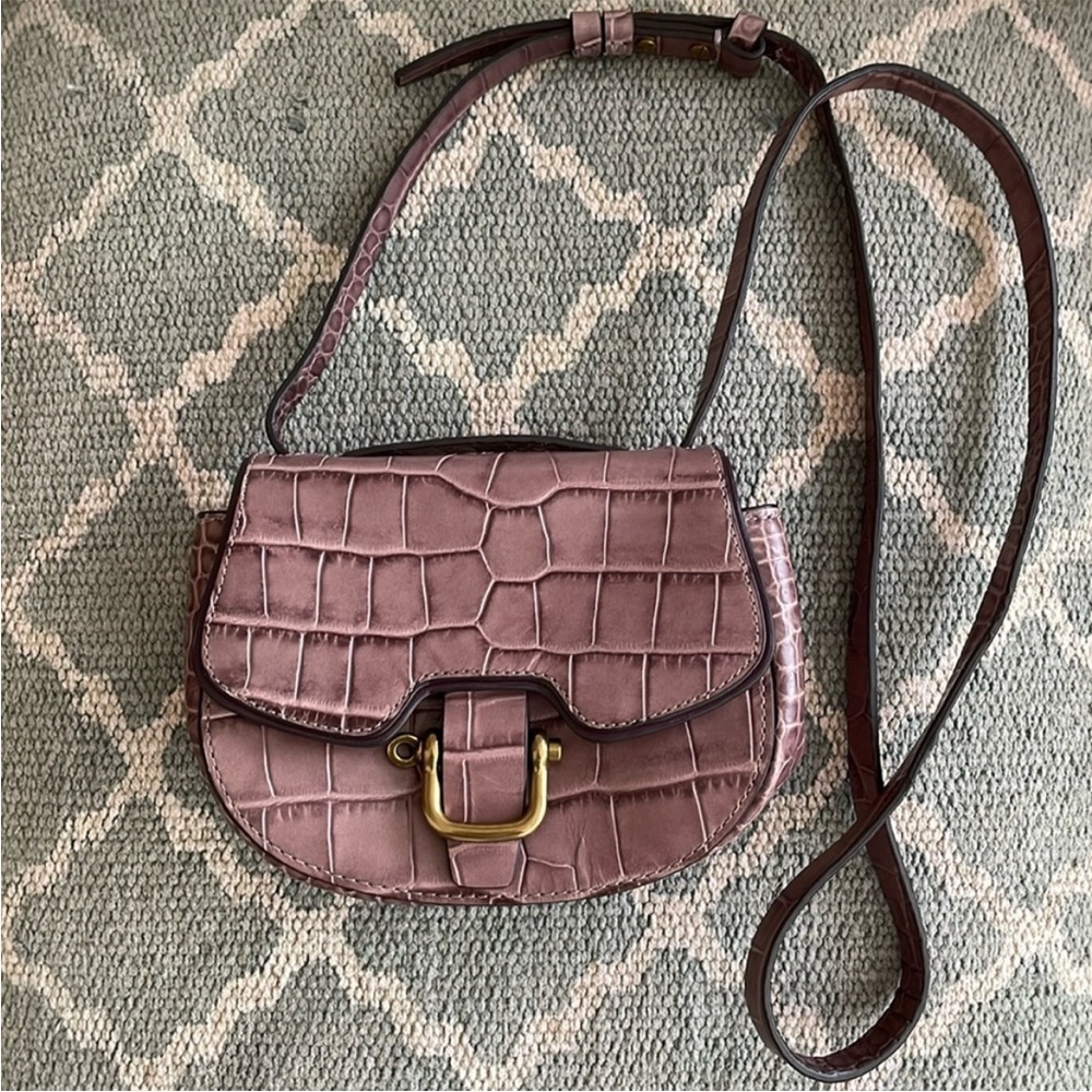 J. Crew Mauve Croc-Embossed Leather Crossbody Bag with Gold Hardware